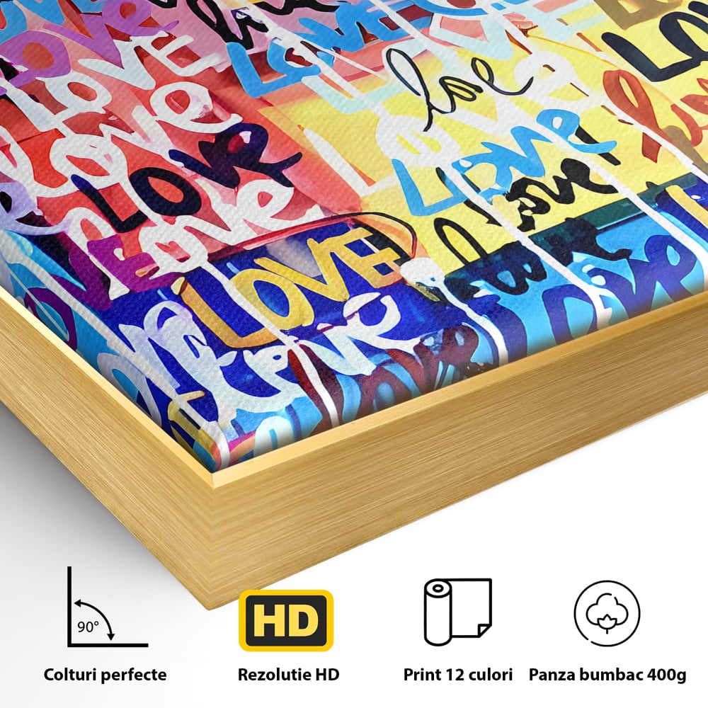 Detaliu al suprafetei: tablou canvas cu graffiti colorat si cuvantul love, in rama de aluminiu auriu